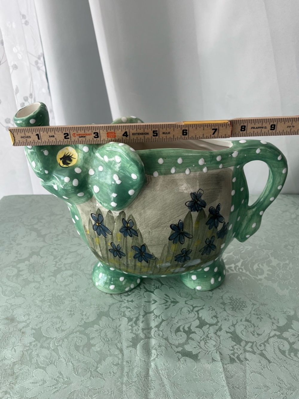 Elephant Pitcher with Green & White Polkadots & Violet Flowers. - Picture 5 of 6